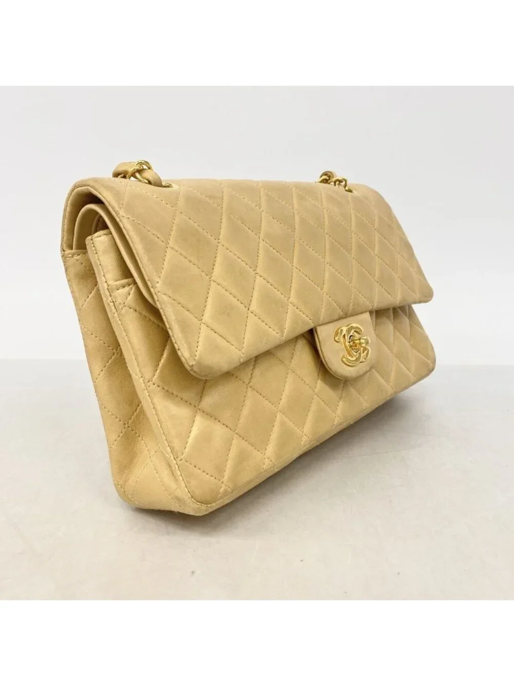 Chanel Shoulder Bag Quilted Lambskin Beige Gold